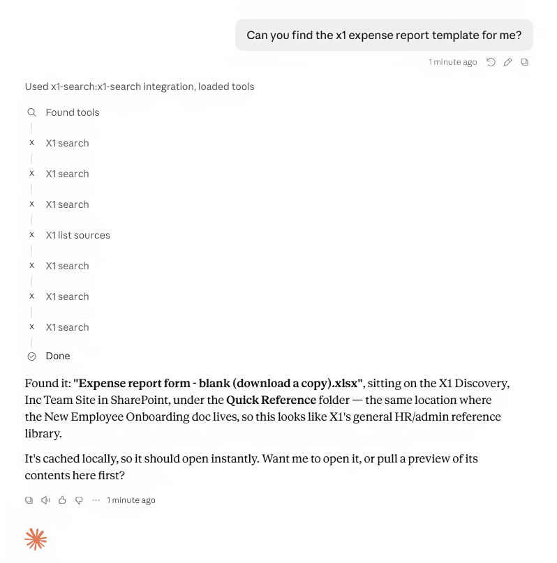 Claude finding a file through the X1 Search connector in response to a natural-language question