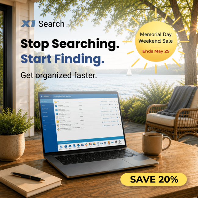 Laptop displaying X1 Discovery software with outdoor background, promoting organized data management.