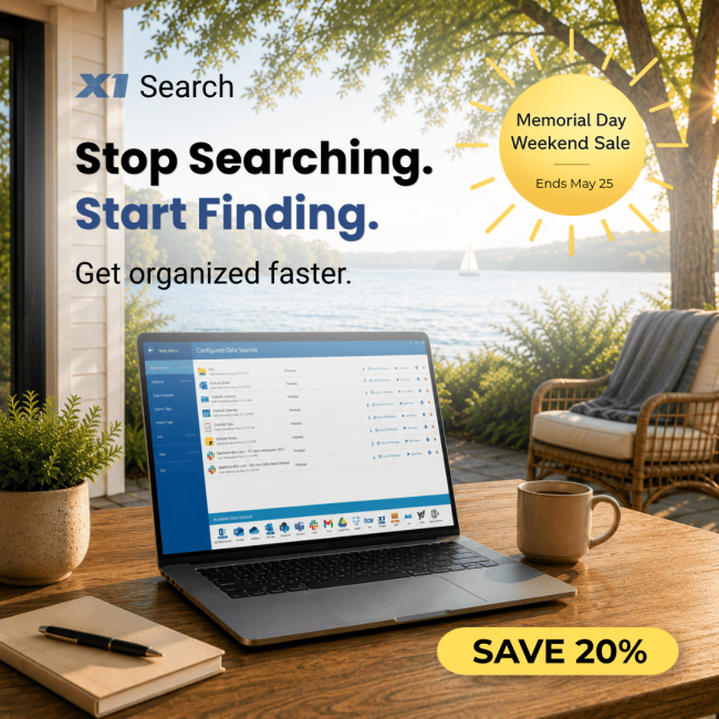 Laptop displaying X1 Search on a peaceful lakeside patio workspace with summer sale promotional messaging.